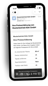 Smartphone-Ansicht einer E-Mail mit automatischer Preisschätzung von ProAngebot, inklusive Flächenangabe, Zusatzoptionen und Preisspanne.