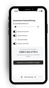 Interaktive Preisschätzung auf der Website: ProAngebot berechnet die Kosten anhand individueller Angaben.