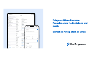 Screenshot von Das Programm auf Tablet und Smartphone mit Kundenliste, Projektübersicht und Adressdaten