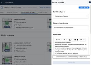 Erstellungsmaske für einen Bericht in der CENDAS App mit Vorlagenauswahl, Überschrift und Anschreiben.