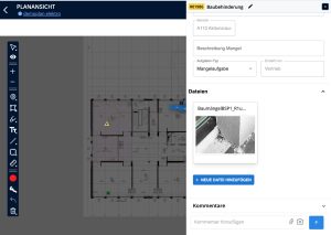 Aufgabendetail in der CENDAS App mit Plan, Mangelbeschreibung und angehängtem Foto eines Baumangels.