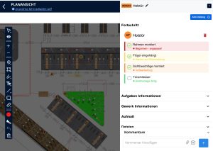 Fortschrittsansicht einer Holztür-Aufgabe in der CENDAS App mit abgehakter Checkliste zu Rahmen, Flügel und Beschlägen.