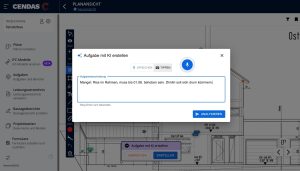 Dialog "Aufgabe mit KI erstellen" in der CENDAS App mit Spracheingabe einer Mangelbeschreibung und Analyse-Button.