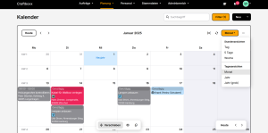 Kalender von Craftboxx in der Monatsansicht mit Einsätzen, einer Krankmeldung und der Auswahl der Ansicht.