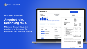 Rechnungsmodul von Meisterwerk mit Einnahmen-Balkendiagramm, offenen Rechnungen und Rechnungsliste nach Status, daneben eine ausgestellte Rechnung mit Positionen und Girocode-QR.