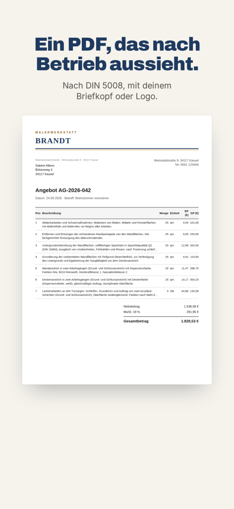 Angebots-PDF aus Angebotsmeister nach DIN 5008 mit dem Briefkopf eines Malerbetriebs, ausführlicher Positionstabelle sowie Netto, Mehrwertsteuer und Gesamtbetrag.