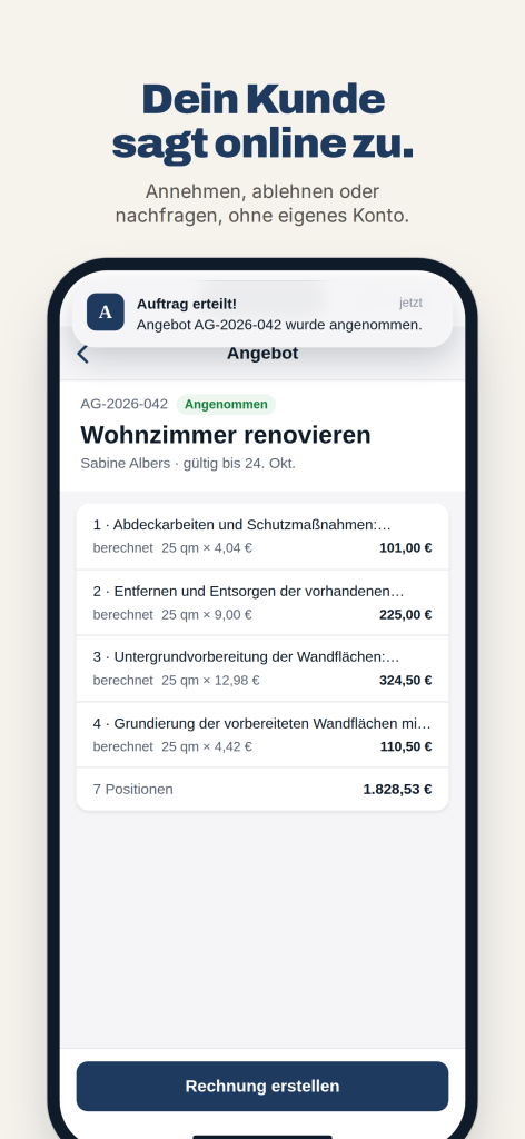 Benachrichtigung „Auftrag erteilt!“ in Angebotsmeister, das Angebot steht auf Angenommen, unten der Button Rechnung erstellen.