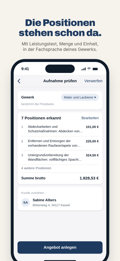 Ansicht „Aufnahme prüfen“ in Angebotsmeister mit dem Gewerk Maler und Lackierer, sieben erkannten Positionen und der Bruttosumme.