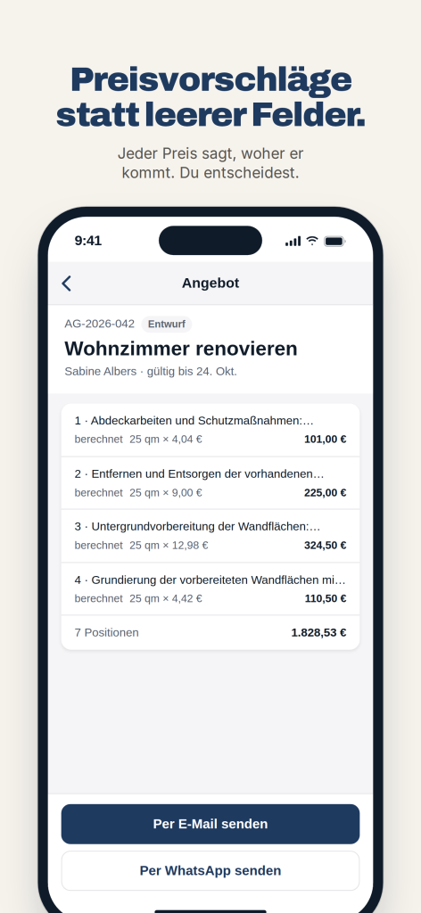 Angebotsentwurf in Angebotsmeister mit berechneten Positionspreisen (Menge mal Einzelpreis) und den Buttons für den Versand per E-Mail oder WhatsApp.