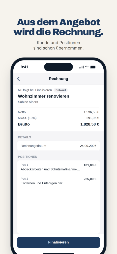 Rechnungsentwurf in Angebotsmeister mit Netto, Mehrwertsteuer, Brutto, Rechnungsdatum und den übernommenen Positionen.
